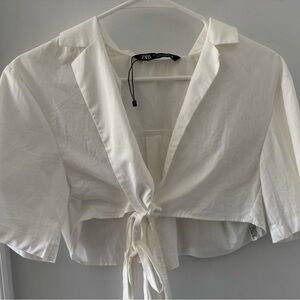 Zara Cream Button-Down Tie-Front Shirt